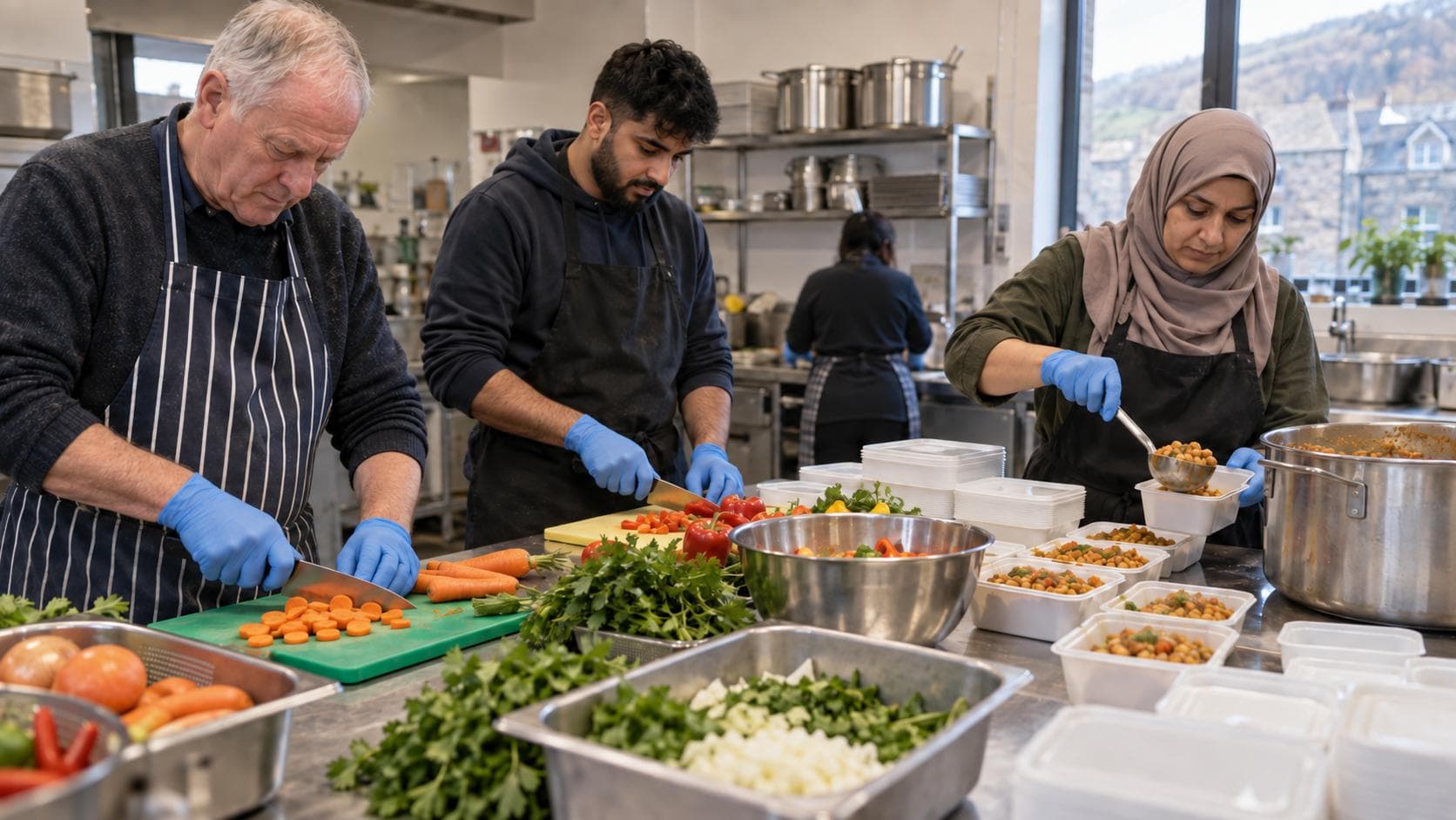 Volunteers preparing fresh meals in the community kitchen