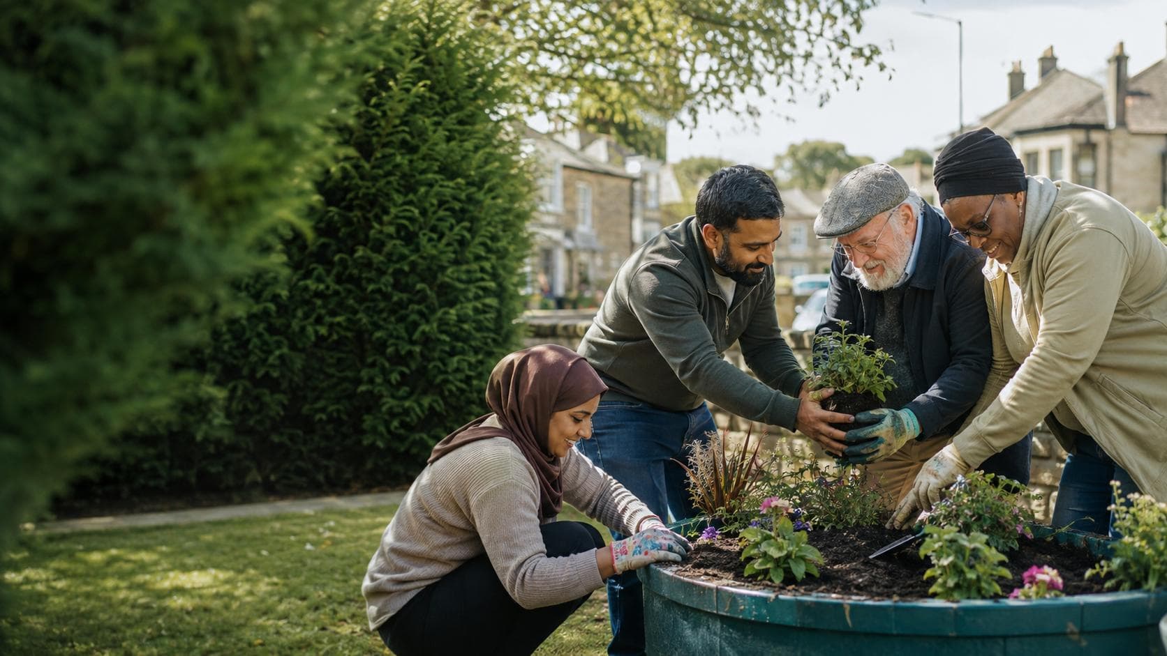 Residents planting flowers together in the neighbourhood