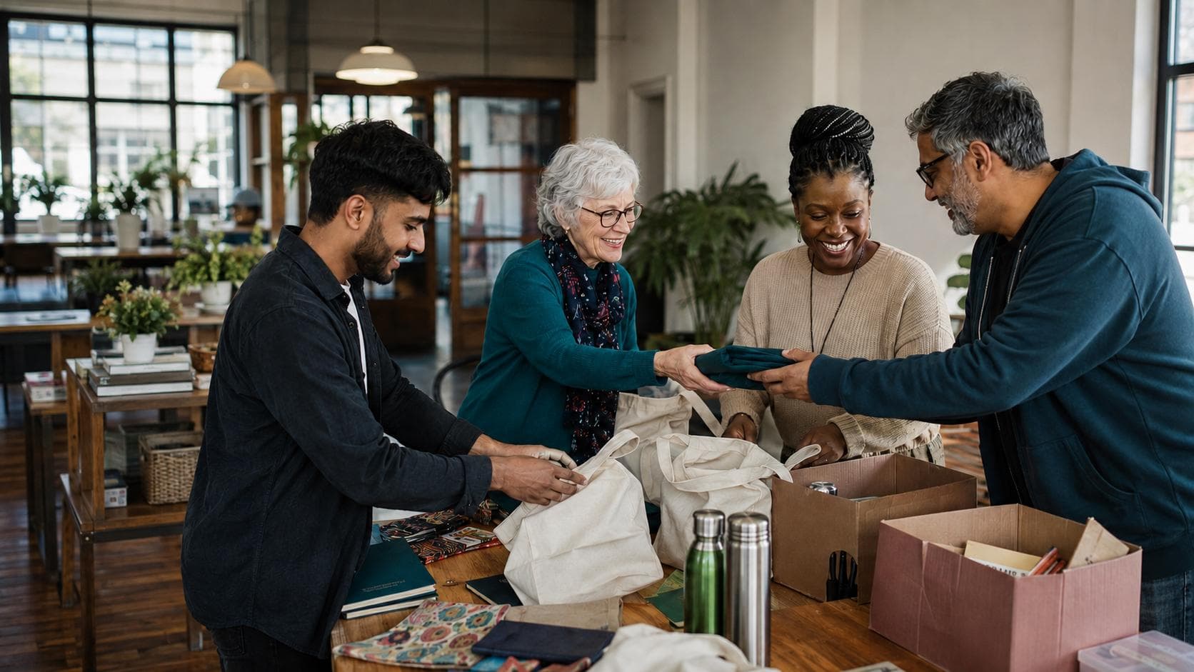 Volunteers packing donation bags together