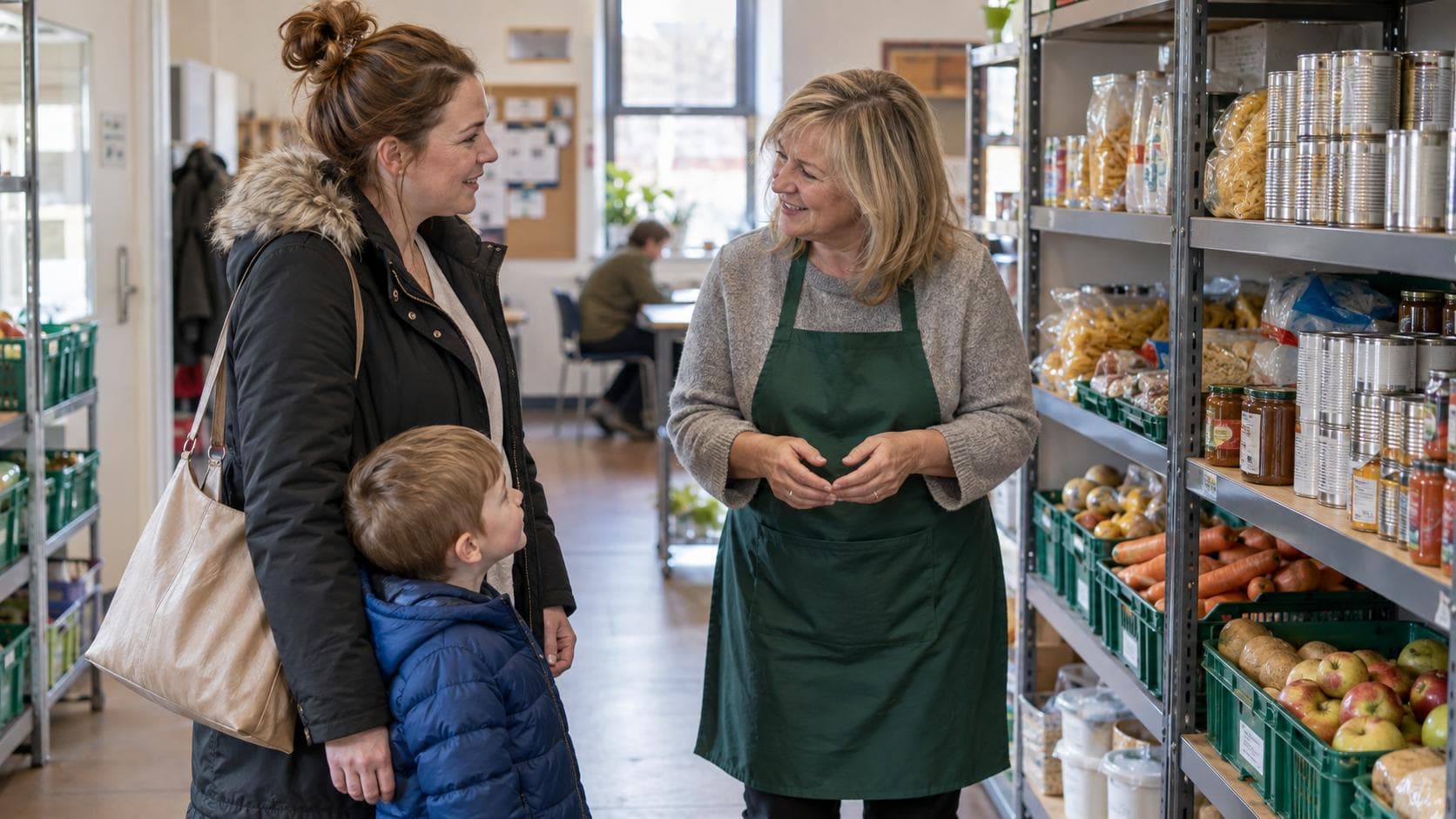 Volunteer helping a family at the community foodbank