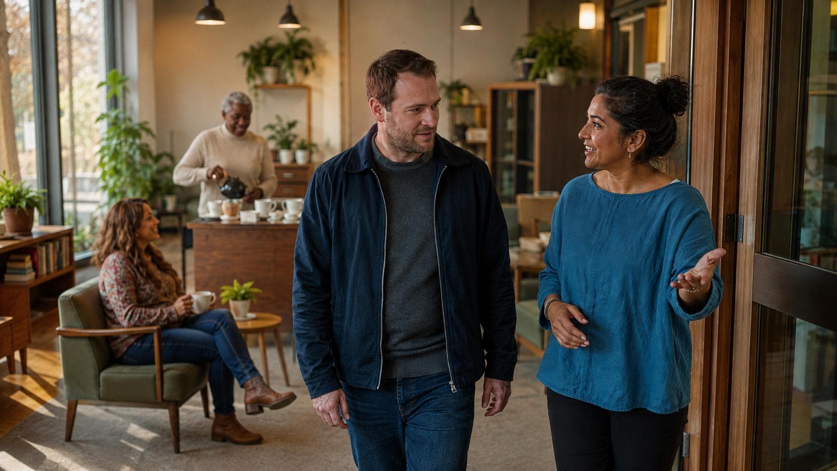 Support worker guiding a visitor through the community hub